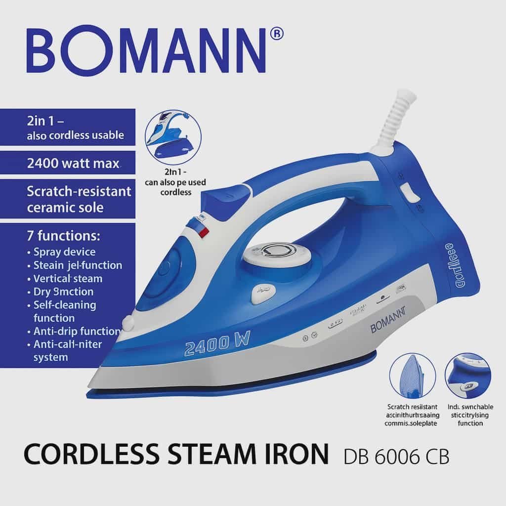 Fer à Repasser à Vapeur Sans Fil 2400W Avec 07 Fonctions Bomann DB 6006 CB