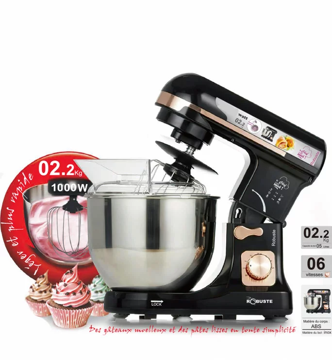 Robot Pétrin inox 5L 1000 W 06Vitesses Noir Robuste PK2